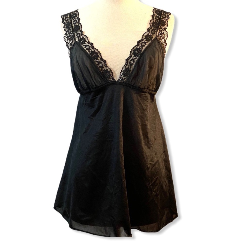 Vintage Ultra Mini Black Babydoll Slip Dress Mini Chemise, Lace Trimmed, Medium - Picture 1 of 9
